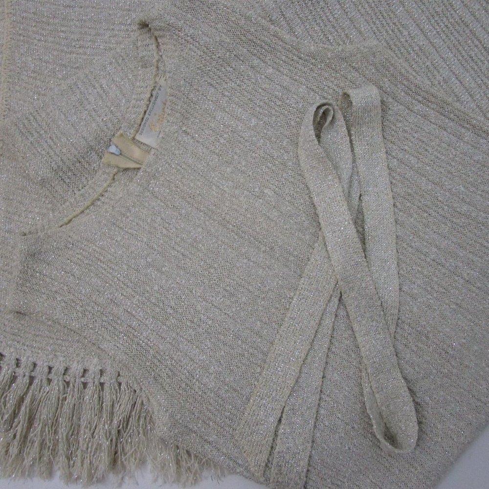 S 1960s Pinup Wiggle Bodycon Dress w Fringe Scarf Linen Champagne Metallic - Picture 9 of 11